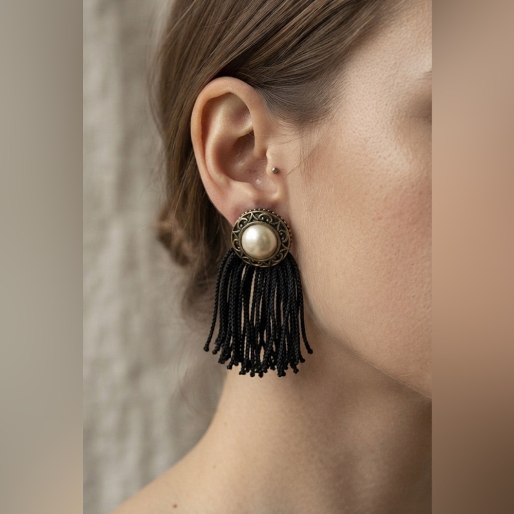 Vintage Clip on earrings big fake pearls on metal detailed and fringe